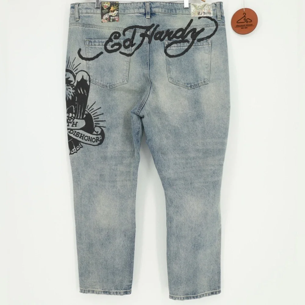 Ed Hardy Jeans Death Before Tattoo Distressed Graphic Denim Slim Fit Size 42‎